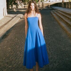 ZARA blue poplin midi dress with adjustable straps, fit & flare.  XL NWT
